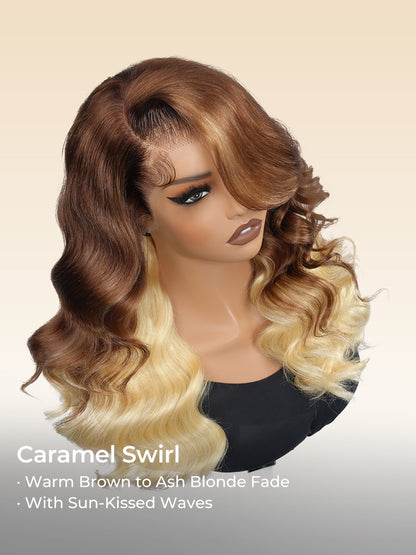 Caramel Brown With Blonde Ombre Loose Body Side Part 13x6 Lace Front Wig Glueless Ready To Go Wigs