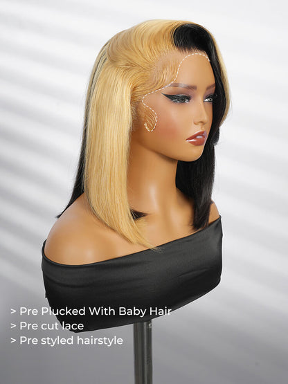 Honey Blonde Skunk Stripe Straight Hair 13x4 Lace Frontal Ready And Go Wigs