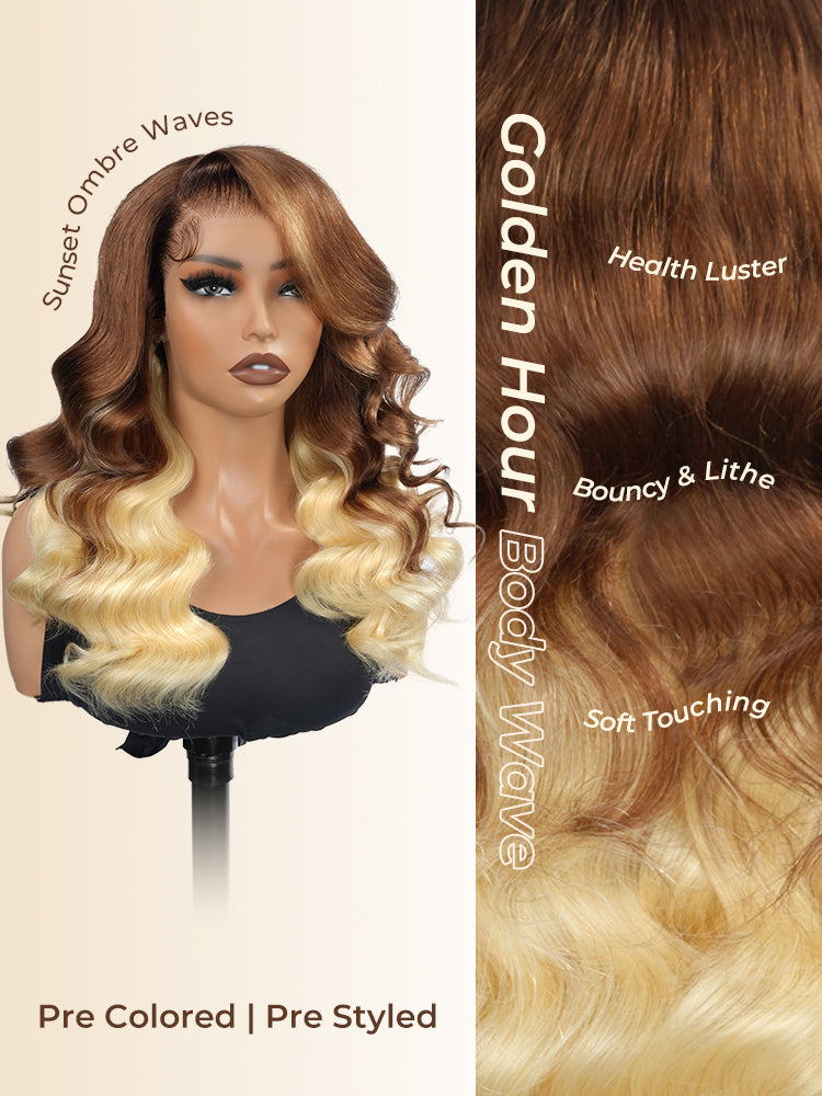 Caramel Brown With Blonde Ombre Loose Body Side Part 13x6 Lace Front Wig Glueless Ready To Go Wigs