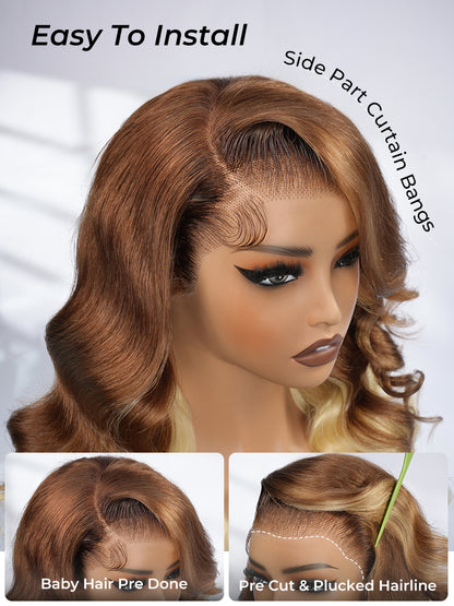 Caramel Brown With Blonde Ombre Loose Body Side Part 13x6 Lace Front Wig Glueless Ready To Go Wigs