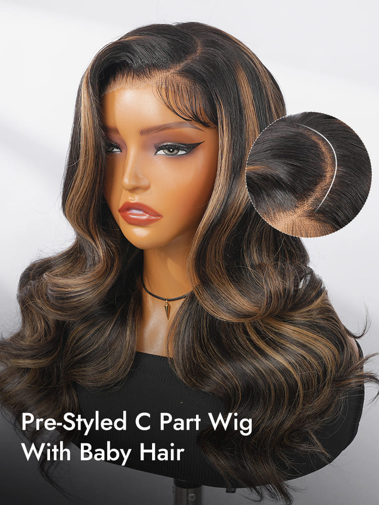 Pre-Styled C Part Highlight Ash Blonde Layered Cut Body Wave 13x4 Lace Front Ready To Go Wig