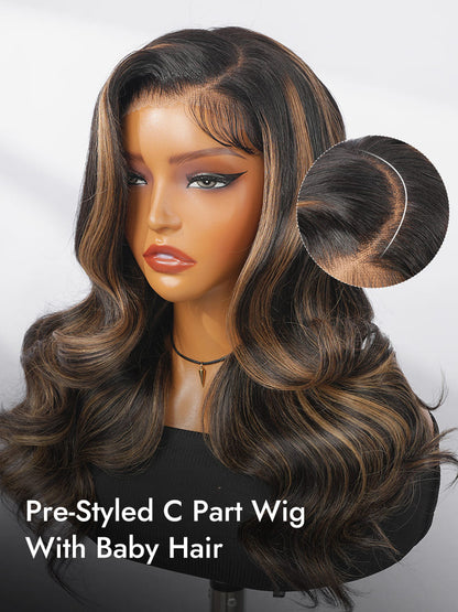 Pre-Styled C Part Highlight Ash Blonde Layered Cut Body Wave 13x4 Lace Front Ready To Go Wig
