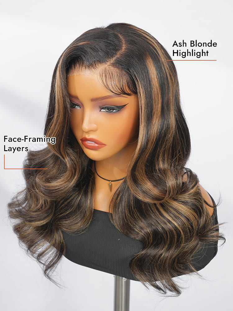 Pre-Styled C Part Highlight Ash Blonde Layered Cut Body Wave 13x4 Lace Front Ready To Go Wig