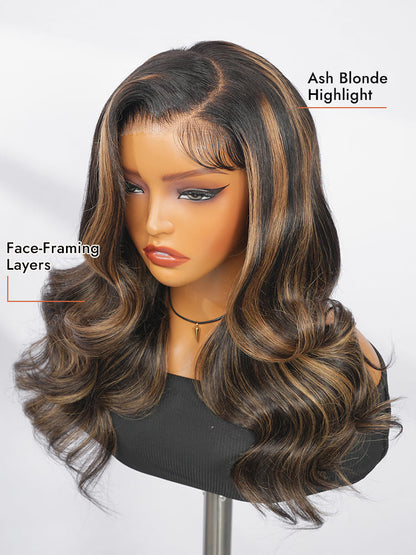 Pre-Styled C Part Highlight Ash Blonde Layered Cut Body Wave 13x4 Lace Front Ready To Go Wig