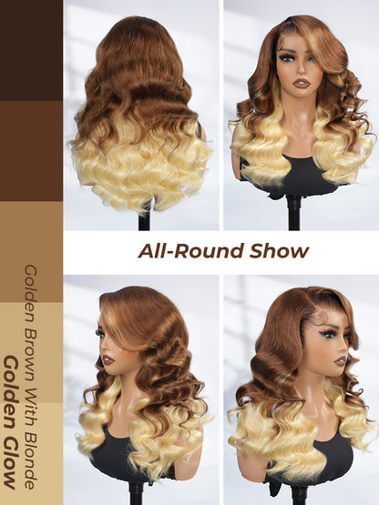 Caramel Brown With Blonde Ombre Loose Body Side Part 13x6 Lace Front Wig Glueless Ready To Go Wigs